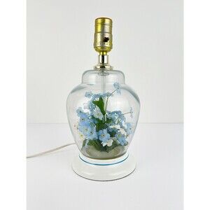 Vintage Glass Floral Terrarium Lamp Blue White Flowers Cottage Bedside Light